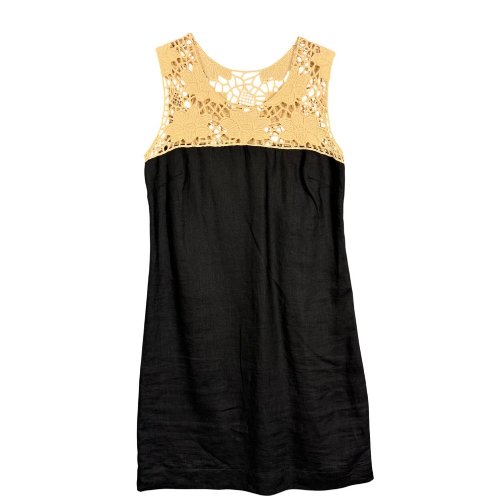 LOFT Dress Womens 4 Black Linen Shift Tan Crochet‎ Lace Yoke Sleeveless Lined